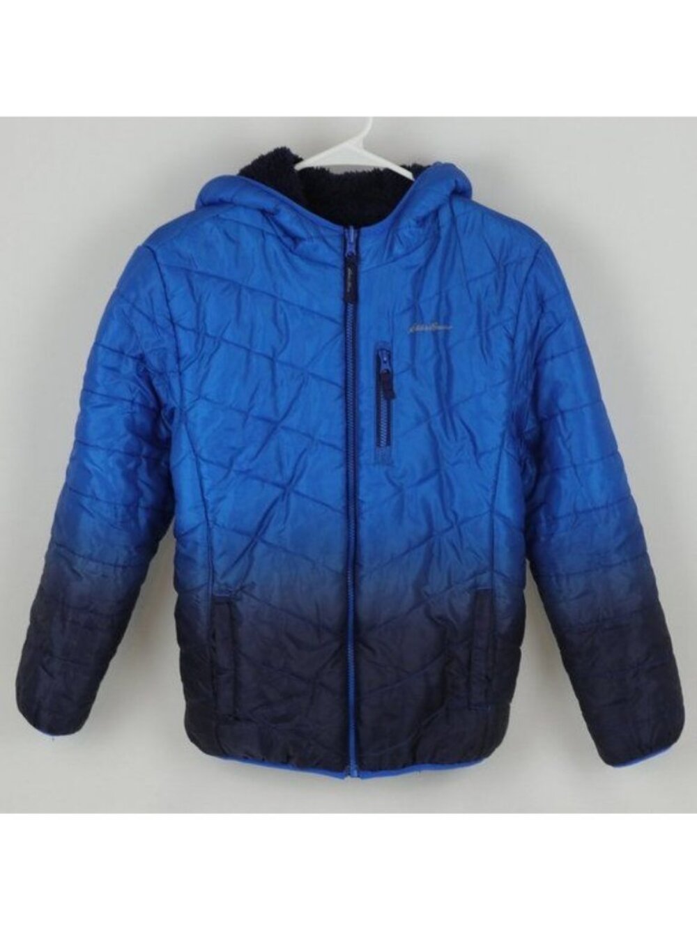 Eddie Bauer Kids Large Blue Ombre Reversible Sherpa Hooded Puffer Jacket